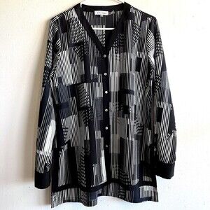CALVIN KLEIN Women's Tunic Roll Sleeve Size‎ S Black | White Blouse